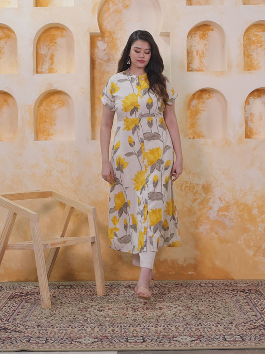 Linen Cotton Floral A-line Off White Kurta