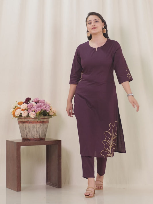 Embroidered Soft Cotton Solid Straight Wine Kurta
