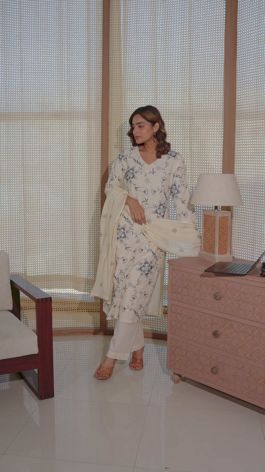 Embroidered Soft Cotton Solid Straight Off White Kurta