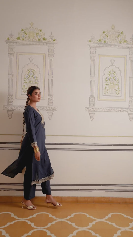 Embroidered Soft Cotton Solid Straight Navy Blue Kurta