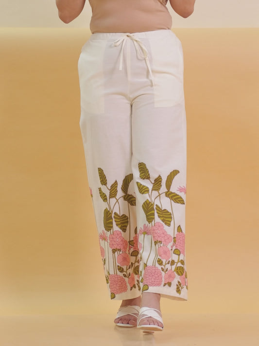 Linen Cotton Placement Print Off White Palazzo