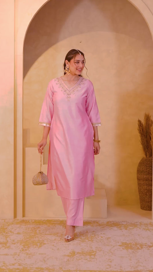 Embroidered Chanderi Solid Straight Baby Pink Kurta