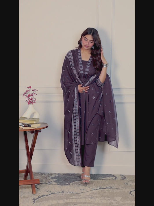 Embroidered Soft Cotton Bandhani A-Line Purple Kurta
