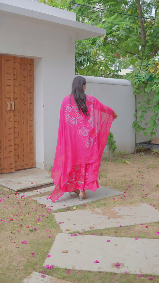 Soft Cotton Bandhani Anarkali Pink Kurta