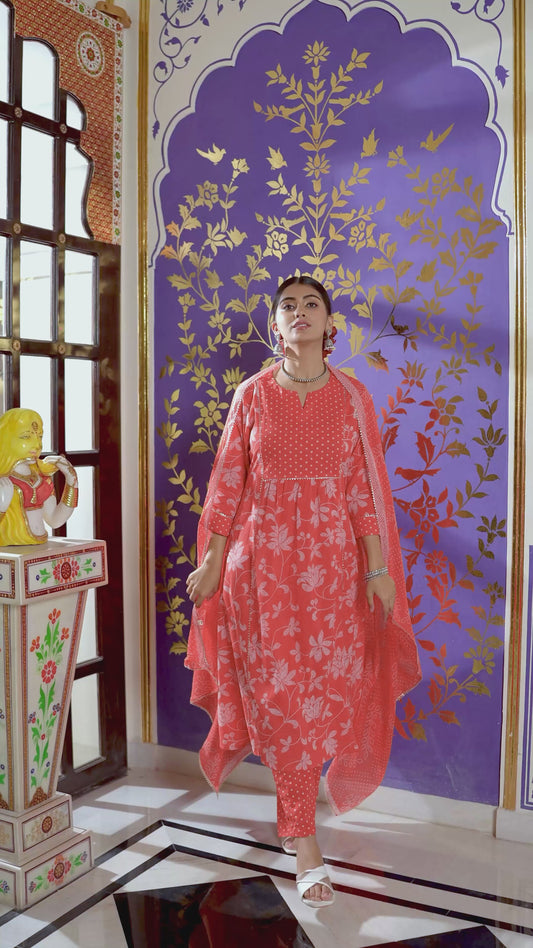 Soft Cotton Bandhani Flared Orange Kurta