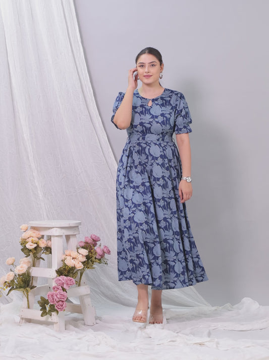 Soft Cotton Floral Flared Blue Dress