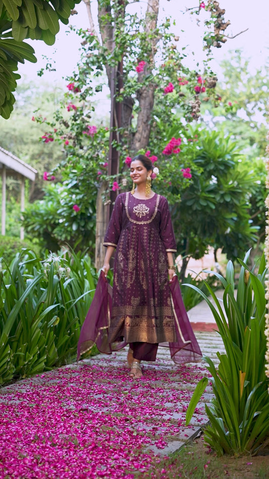 Embroidered Chanderi Gold foil Anarkali Maroon Kurta