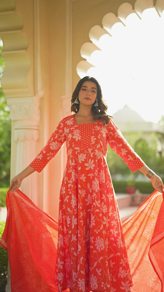 Soft Cotton Bandhani Flared Orange Kurta