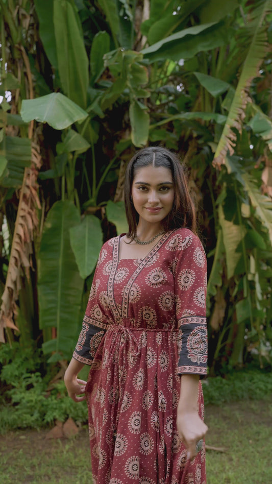 Soft Cotton Ajrakh Flared Red Dress