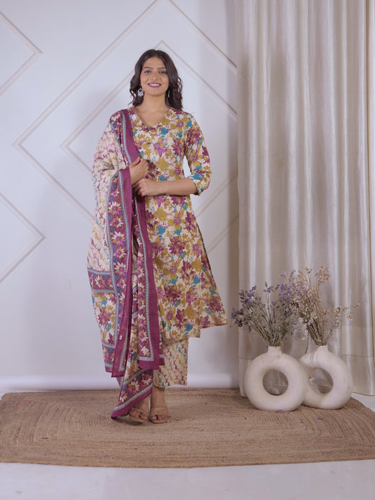 Soft Cotton Floral Straight Off White Kurta