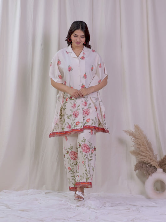 Linen Cotton Placement Print Kaftan Off White Kurta