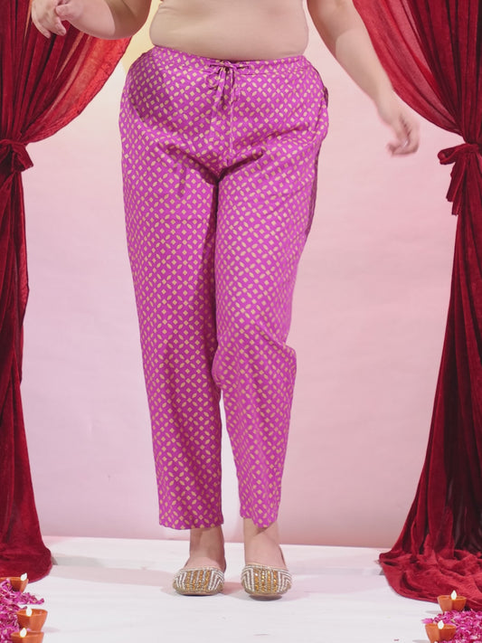 Viscose Gold foil Pink Tapered Tapered Trousers