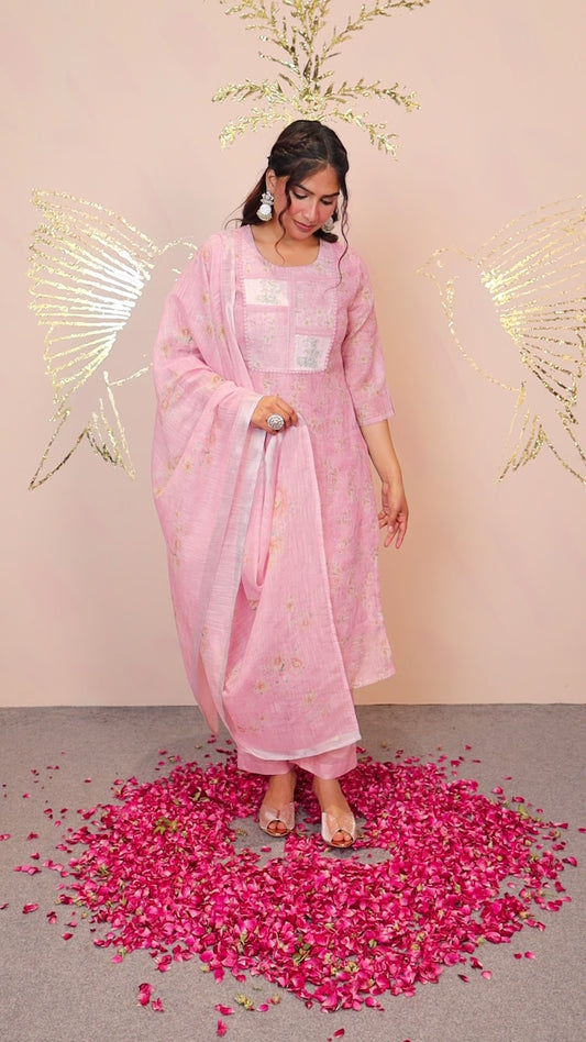 Chanderi Floral Straight Baby Pink Kurta