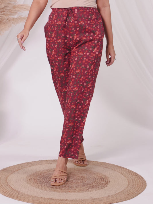 Soft Cotton Floral Red Tapered Trousers