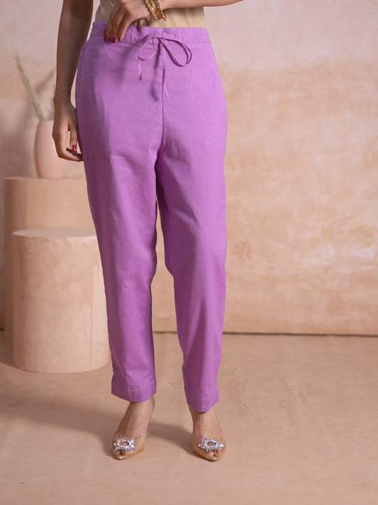 Blended Silk Solid Lavender Straight Trousers