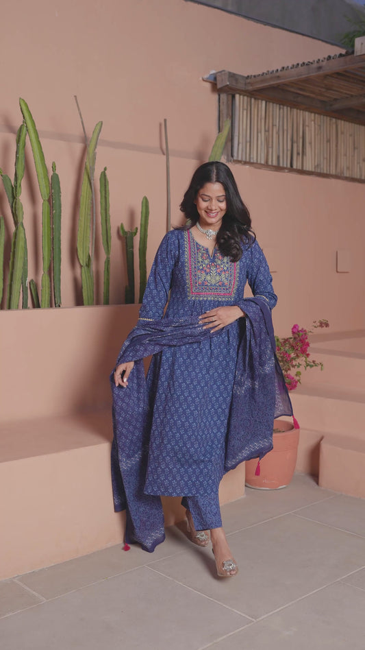 Embroidered Soft Cotton Butti Panelled Blue