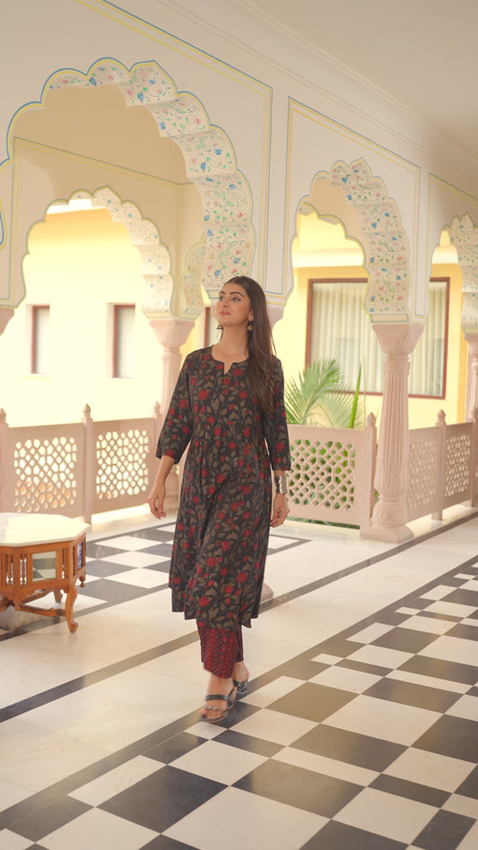 Viscose Floral Flared Black Kurta