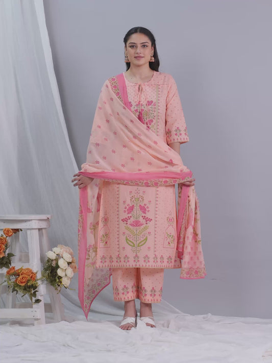 Embroidered Soft Cotton Floral Straight Peach Kurta