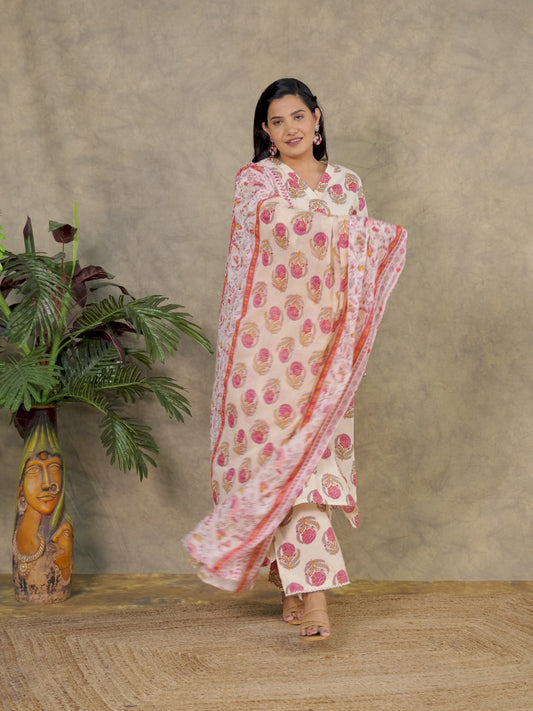Soft Cotton Floral Straight Cream Kurta