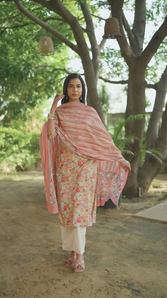 Soft Cotton Floral Straight Peach Kurta