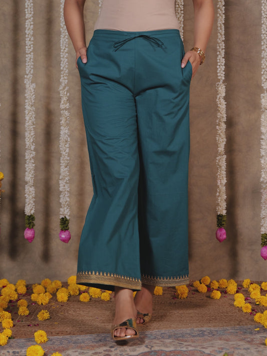 Soft Cotton Solid Green Palazzo