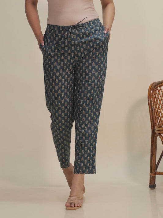 Soft Cotton Block Print Emerald Green Tapered Trousers