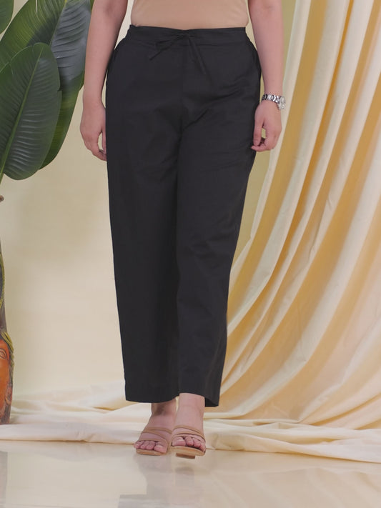 Soft Cotton Solid Black Straight Trousers