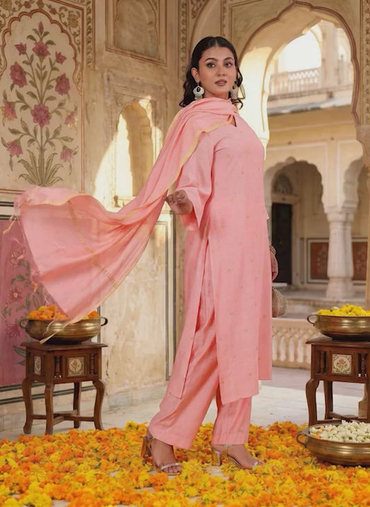 Blended silk Butti Straight Pink Kurta