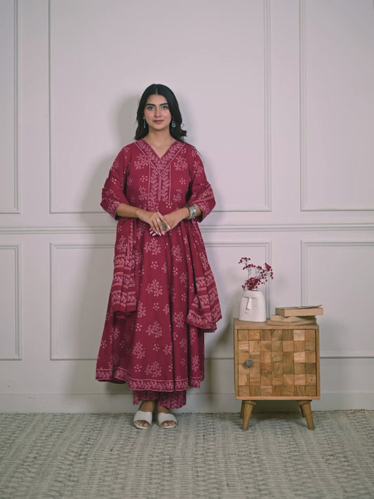 Embroidered Soft Cotton Floral Anarkali Maroon Kurta