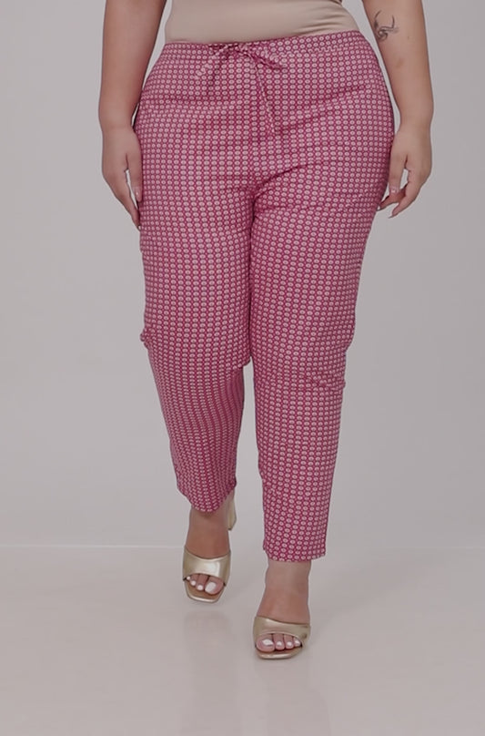 Soft Cotton Geometric Pink Tapered Trousers