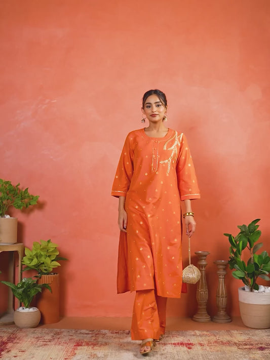 Embroidered Blended Silk Butti Straight Orange Kurta