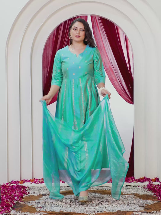 Chanderi Gold foil Anarkali Turquoise Kurta