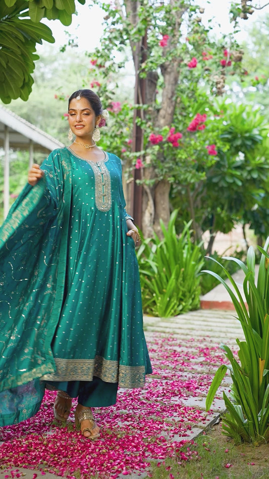 Embroidered Blended Silk Gold Foil Peacock Green Anarakali Kurta