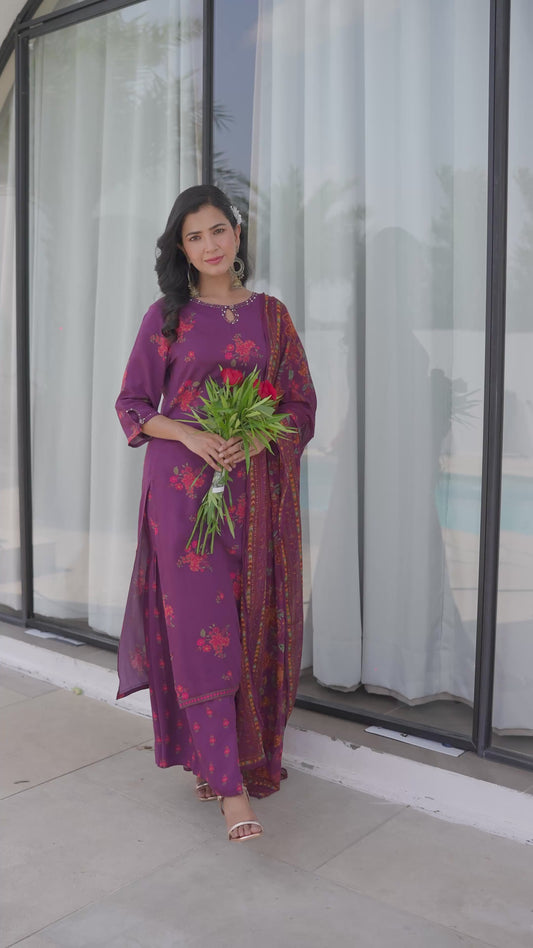 Embroidered Viscose Floral Straight Mauve Kurta