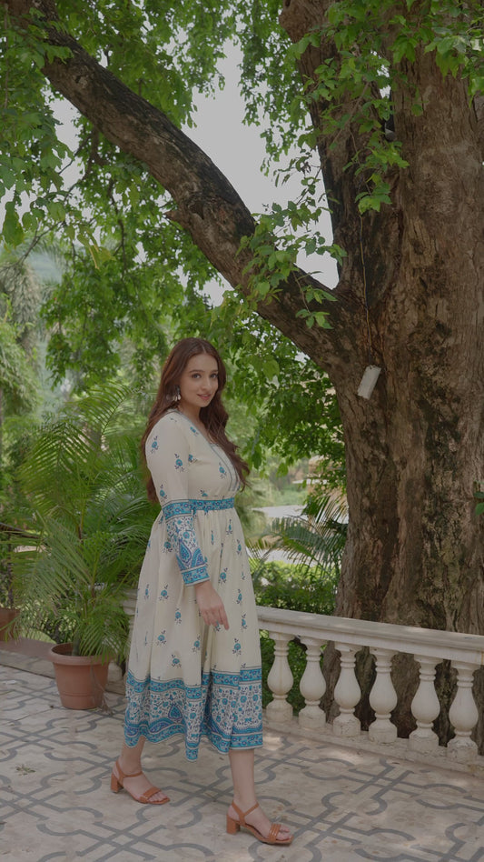 Soft Cotton Floral Anarkali Off White Dress