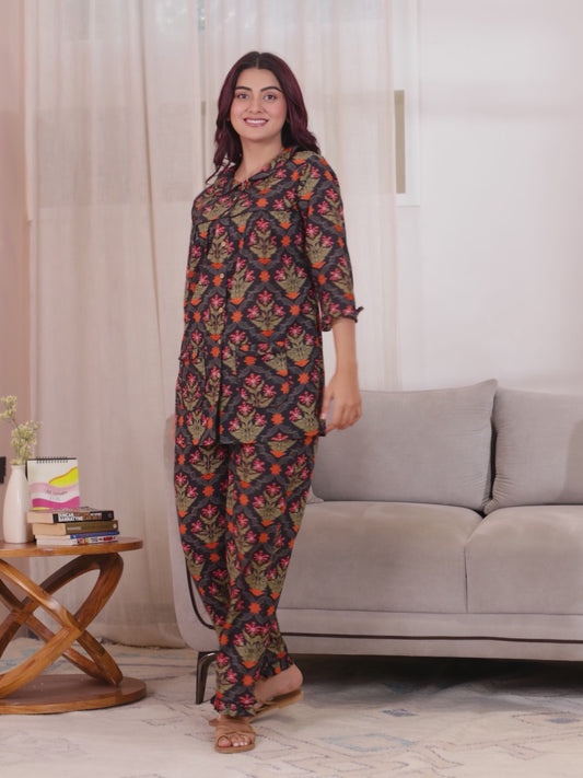 Soft Cotton Floral Straight Black Kurta