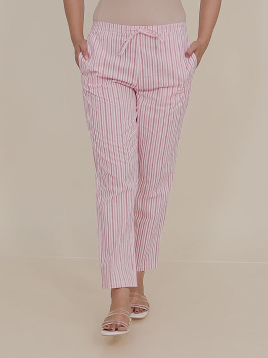 Soft Cotton Striped Pink Tapered Trousers