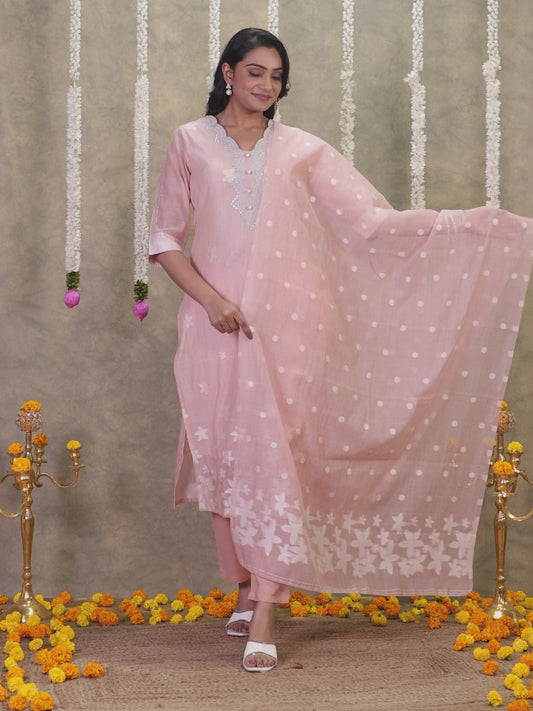 Embroidered Chanderi Floral Straight Peach Kurta