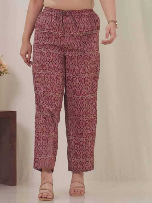 Soft Cotton Geometric Rust Straight Straight Trousers