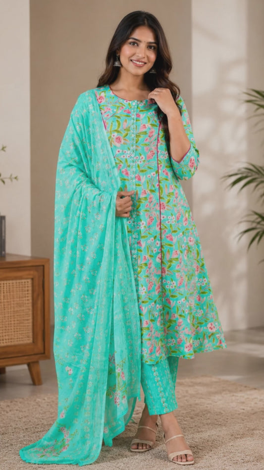 Soft Cotton Floral Flared Green Kurta