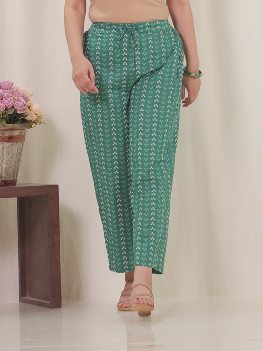 Soft Cotton Geometric Green Straight Trousers