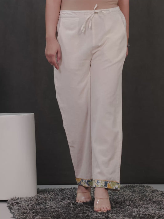 Linen Cotton Solid Off White Straight Trousers