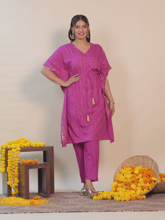 Embroidered Viscose Gold foil Kaftan Pink Kurta