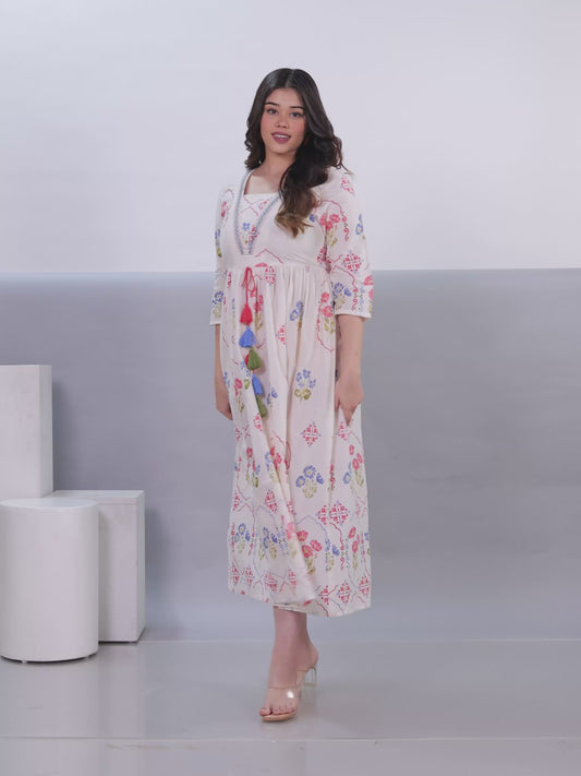 Soft Cotton Placement Print Flared Off White Dress