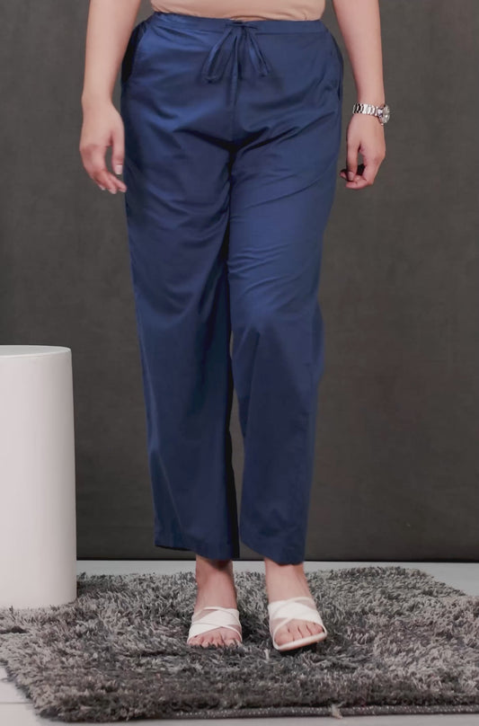 Soft Cotton Solid Blue Straight Trousers