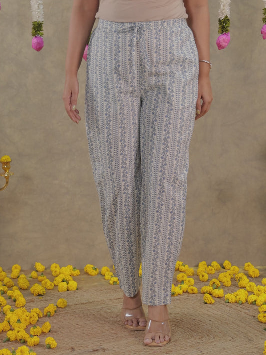 Soft Cotton Striped Off White Tapered Trousers
