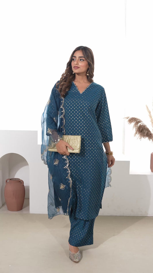 Embroidered Blended Silk Gold foil Straight Navy Blue Kurta