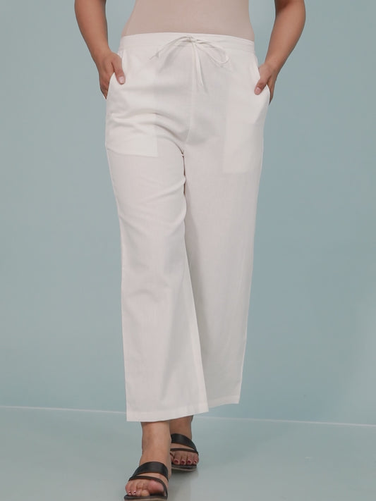Linen Cotton Solid Off White Straight Trousers