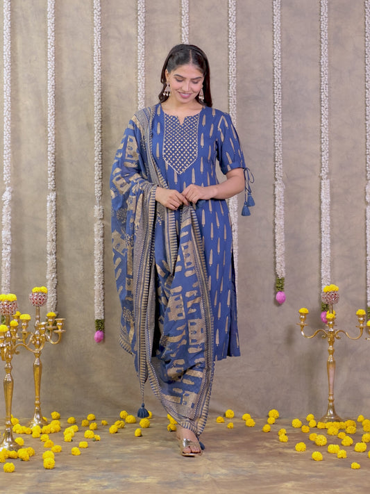 Viscose Gold foil Straight Blue Kurta