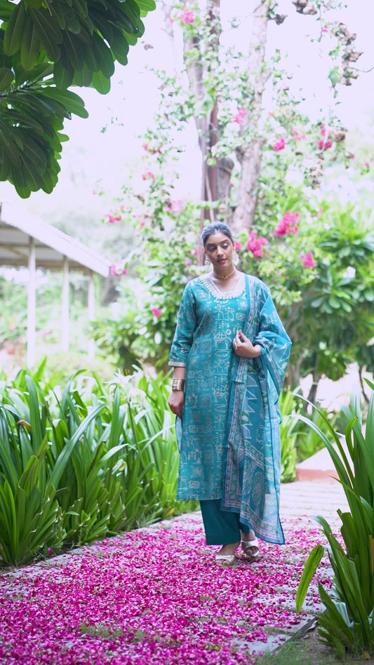 Embroidered Chanderi Abstract Straight Teal Kurta